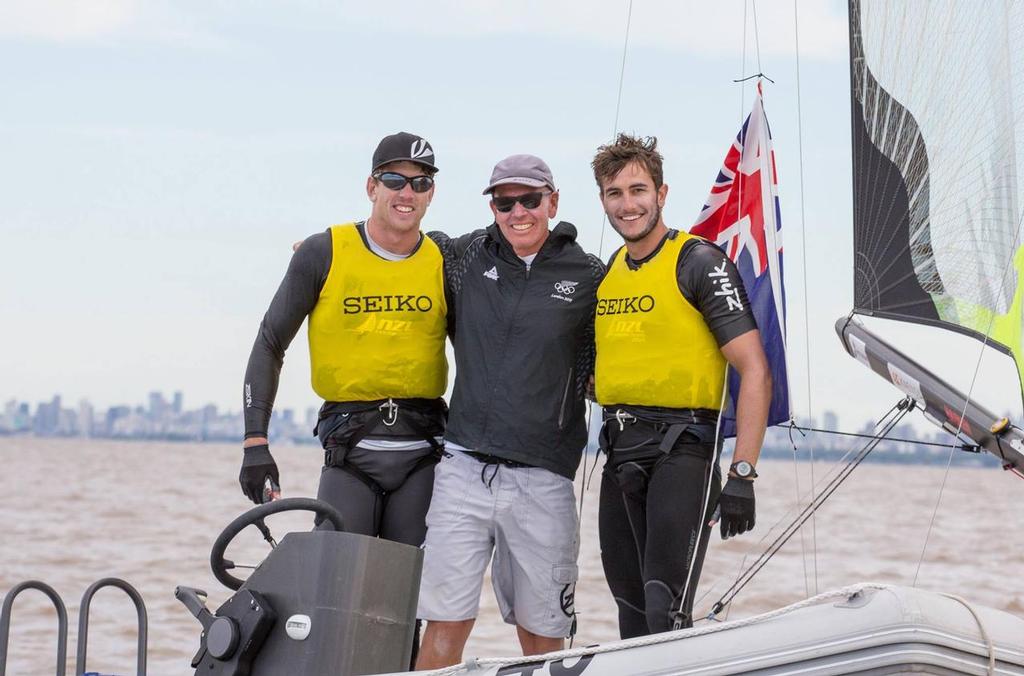 Peter Burling and Blair Tuke with coach Hamish Willcox - Day 6 - 49er and 49erFX 2015 World Championships, Argentina © Matias Capizzano http://www.capizzano.com